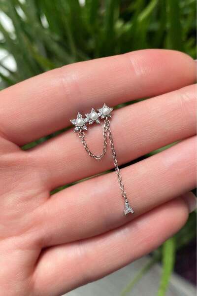 Spossy Silver Jewelry 925 Ayar Gümüş, Sallantılı Yıldızlı Piercing Küpe