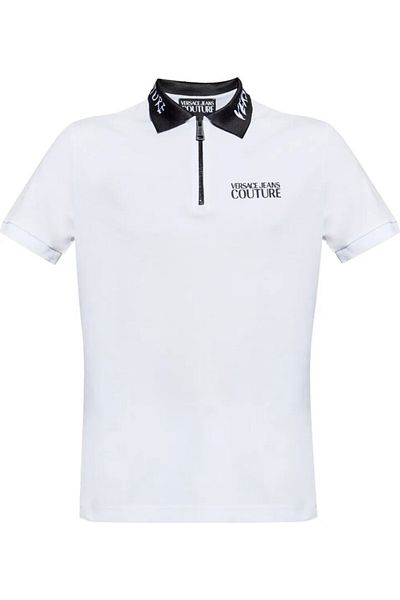 Versace Men's Slim Fit Semi Zipper Closure Short Sleeve Logo Printed White Polo Neck T-Shirt 78Gagt03Cj01T