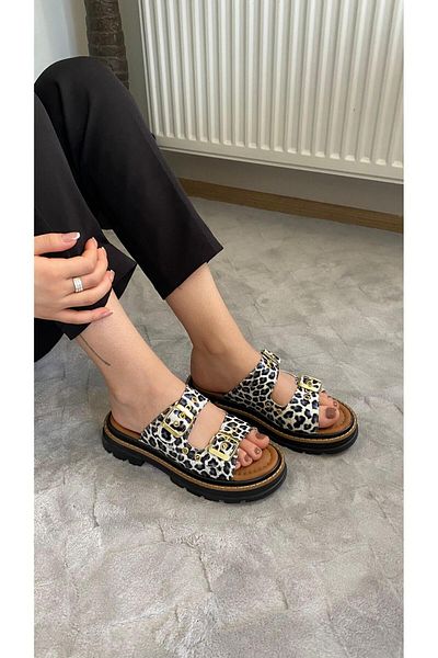 Preshley Sandale ortopedice pentru femei Firida, alb, leopard, cu bandă dublă, cu capsulă, cu talpă groasă, papuci K-100