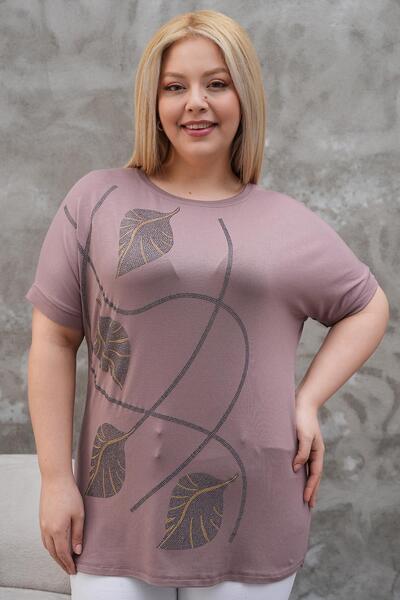 Siyezen Large Size Gold Stone Leaf Printed Bat Sleeve Blouse