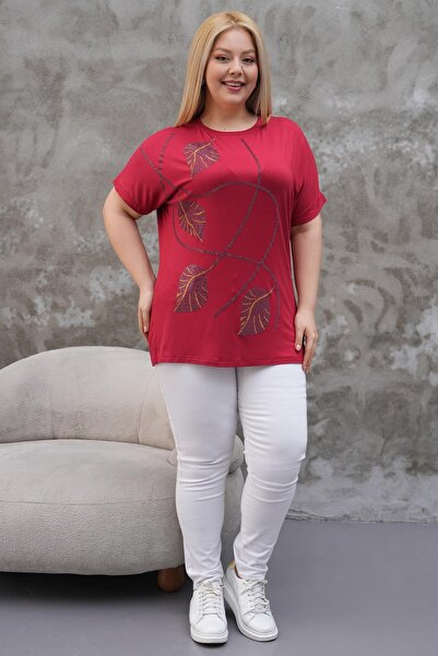 Siyezen Large Size Gold Stone Leaf Printed Bat Sleeve Blouse