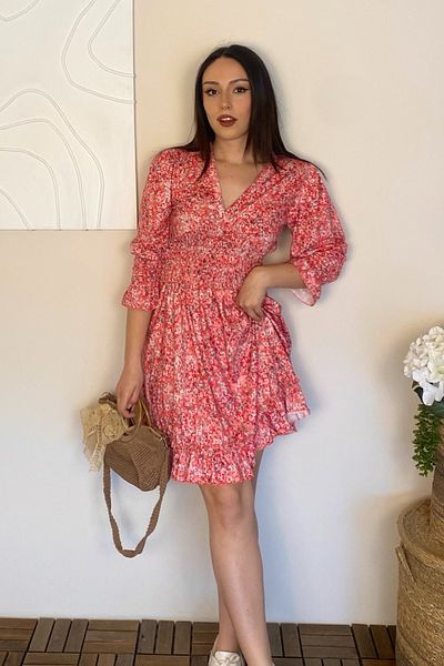 Ded COLLECTION Γυναικείο καλοκαιρινό κοντό φόρεμα με λουλουδάτο μοτίβο με λαιμόκοψη V με βολάν