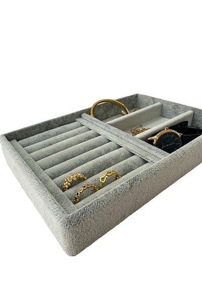 MeGass Dekor Domestic Production Suede Fabric Gray Color 22 Cm / 14 Cm Drawer Jewelry Stand