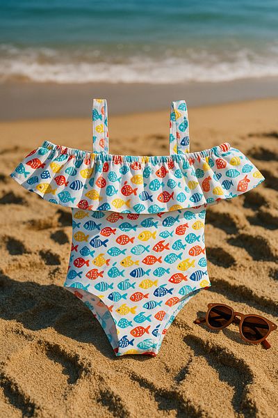 Ella Bonna Colorful Fishes Themed Girl's Beach Combination Sea Shoes & Sea Swimsuit Set