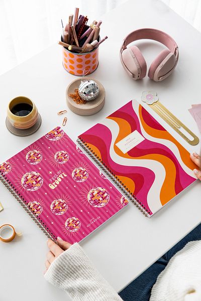 PAPERORA A4 Spiral Cardboard Cover Set of 2 Checkered School Notebook 80 Sheets, Retro Disco with Lesson Schedule