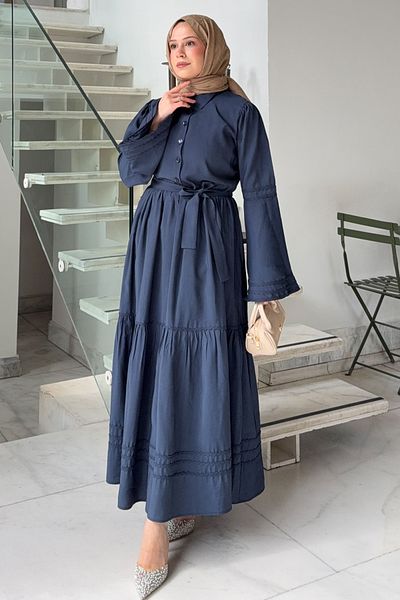 Salih Çelebi Ισπανικό Μανίκι Φόρεμα Hijab 2276 - ΣΚΟΥΡΟ ΜΠΛΕ