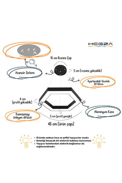 Hegza Lighting Hexagon ( Gri Kasa, 4000k Işık Rengi ) Modern Sarkıt Led Avize, Salon, Mutfak, Oturma Yatak Odası
