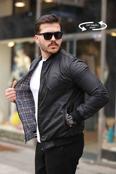 ixir Çift Taraflı Ekose Desenli Mevsimlik Erkek Mont Siyah