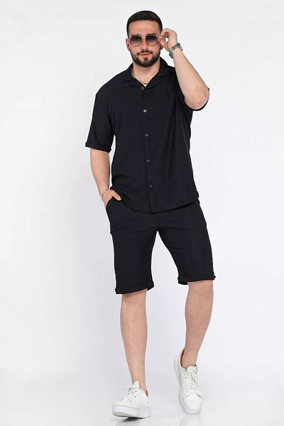 MİSHAR İTALİA Navy Blue Men's Apache Collar Shirt Shorts Double Set