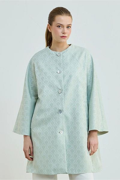 Gusto Jacquard Patterned Collarless Kaftan - Mint