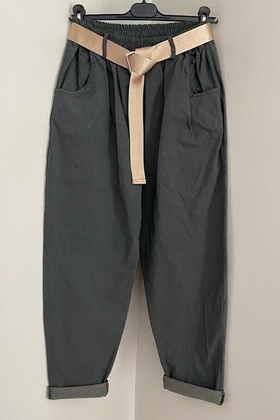 AYASOFYA OTANTIK Women's Italian Anthracite Elastic Waist Shiny Buckle Belted Plain Patterned Lycra Loose Carrot Leg Trousers
