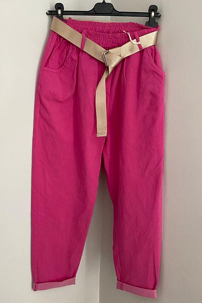AYASOFYA OTANTIK Women's Italian Pink Elastic Waist Shiny Buckle Belt Plain Patterned Lycra Loose Carrot Leg Trousers
