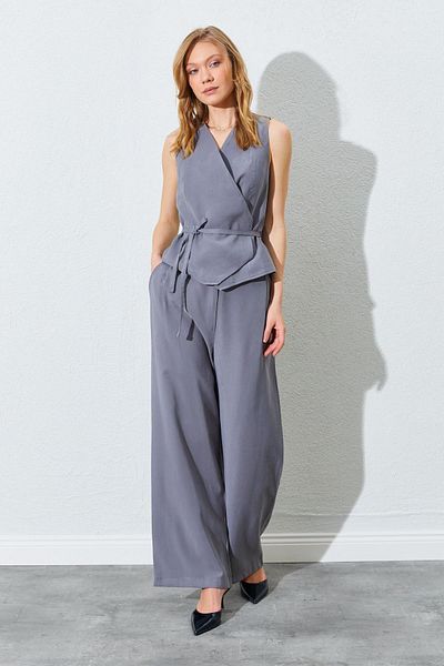 TENA Women's Anthracite Double Breasted Vest and Tied Palazzo Trousers Suit