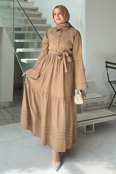Salih Çelebi Ισπανικό Μανίκι Φόρεμα Hijab 2276 - MINK