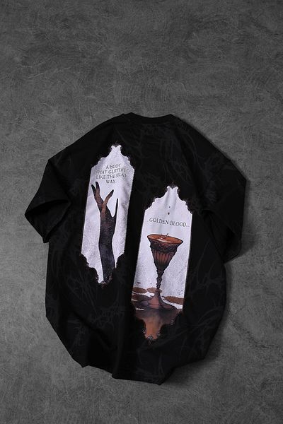 Slatra Men's Black Golden Blood Printed Patch Oversize Half Zipper Tshirt