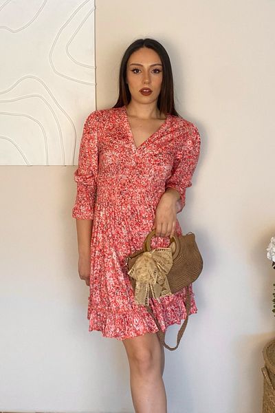 Ded COLLECTION Γυναικείο καλοκαιρινό κοντό φόρεμα με λουλουδάτο μοτίβο με λαιμόκοψη V με βολάν