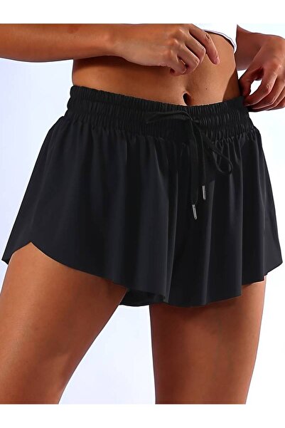 MADAM SHİLA Siyah Spor Şort Yüksel Bel Slimfit Taytlı Bağcıklı Cepli Shila Sports Shorts
