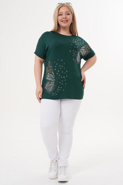 Siyezen Plus Size Butterfly Stone Detailed Bat Sleeve Blouse