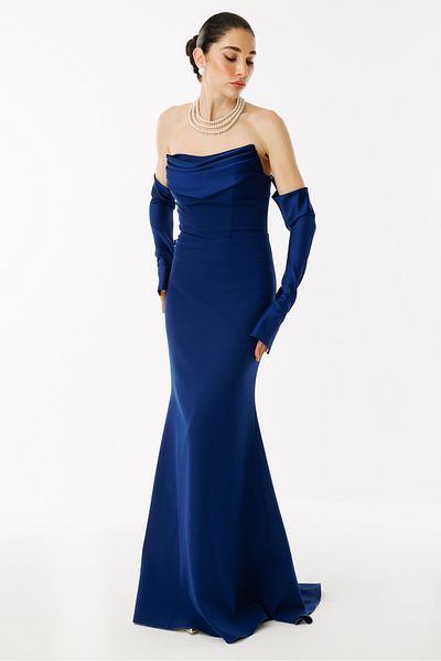 TASH TASH Women's Mobile Sleeve Collar Detailed Fish Evening Dress