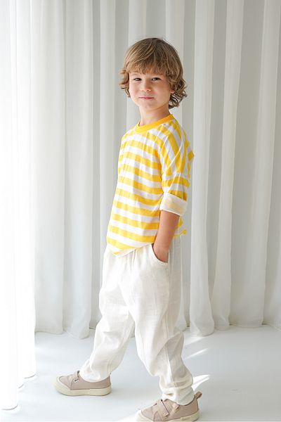 Catz Kids Boy's Ecru Linen Carrot Trousers + Yellow and White Striped Combed Cotton T-Shirt