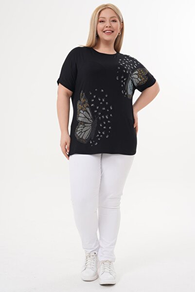 Siyezen Plus Size Butterfly Stone Detailed Bat Sleeve Blouse