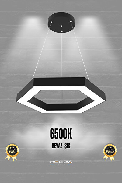 Hegza Lighting Hexagon ( Siyah Kasa, Beyaz Işık ) Ledli Modern Led Avize, Salon, Mutfak, Oturma Yatak Odası, Sarkıt