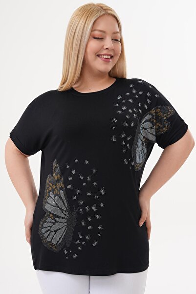 Siyezen Plus Size Butterfly Stone Detailed Bat Sleeve Blouse
