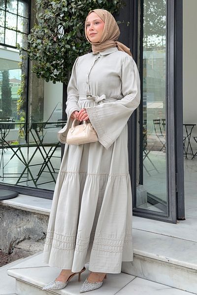 Salih Çelebi Ισπανικό μανίκι Hijab φόρεμα 2276 - ΧΡΩΜΑ ΠΕΤΡΑ