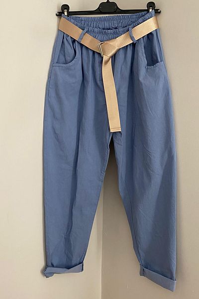 AYASOFYA OTANTIK Women's Italian Indigo Elastic Waist Shiny Buckle Belt Plain Patterned Lycra Loose Carrot Leg Trousers