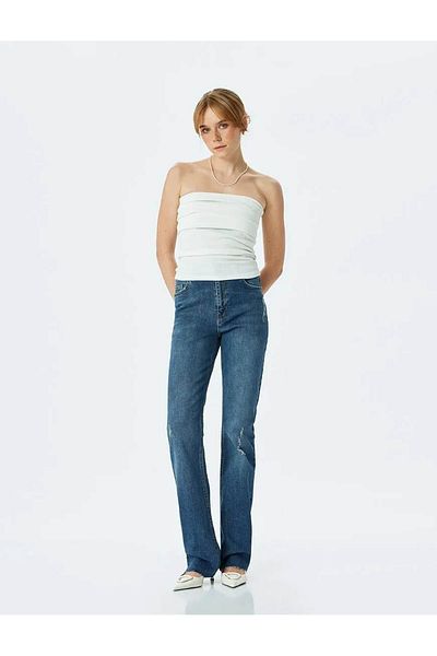 Koton High Waist Slim Fit Frayed Spanish Leg Denim Trousers - Flare Jeans