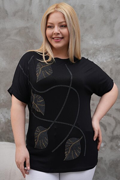 Siyezen Large Size Gold Stone Leaf Printed Bat Sleeve Blouse