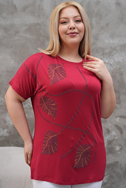 Siyezen Large Size Gold Stone Leaf Printed Bat Sleeve Blouse