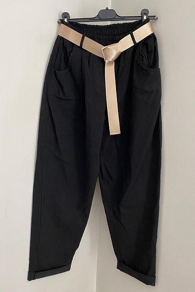 AYASOFYA OTANTIK Women's Italian Black Elastic Waist Shiny Buckle Belt Plain Patterned Lycra Loose Carrot Leg Trousers