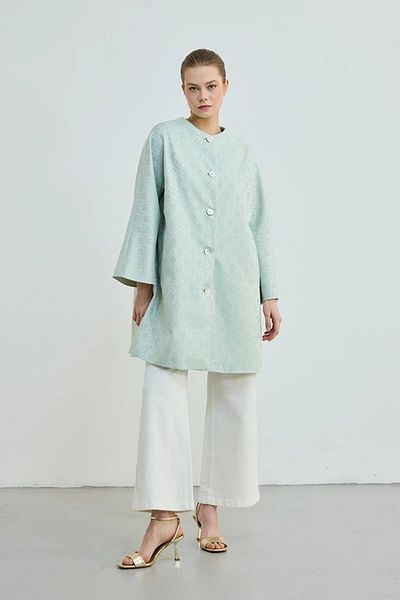Gusto Jacquard Patterned Collarless Kaftan - Mint