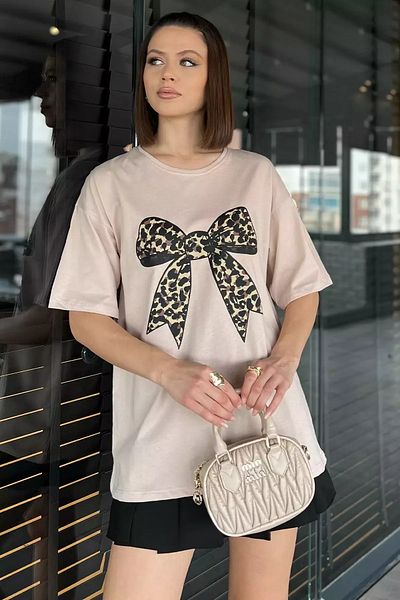 GÜLSELİ Tricou de damă cu decolteu rotund cu imprimeu cu panglică cu model leopard Koyutaş