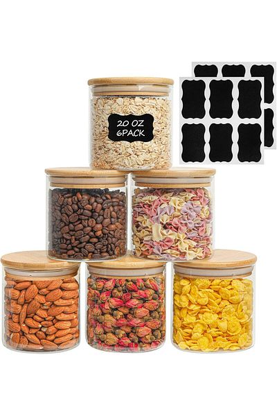 Home Zone Set of 6, 600 ml Round Storage Jars with Lids for Spice, Coffee Jar, Tea and Sugar Container