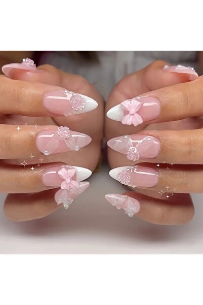 PİRAYE AKSESUAR 24'lü Beyaz French Gül ve Kurdela Charmlı Orta Badem Model Pr...