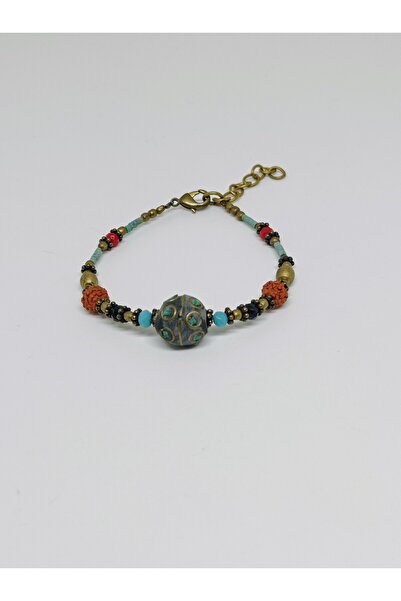 mama india alaçatı Ethnic Design Rudraksha Seed Brass Bracelet No:1
