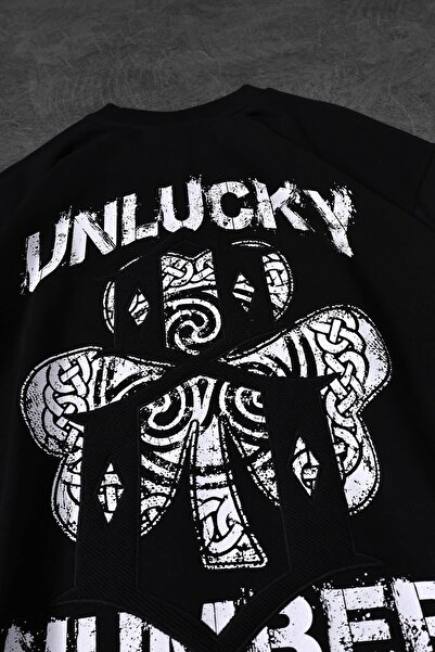 Slatra Men's Black Unlucky Embossed Print Oversize Tshirt