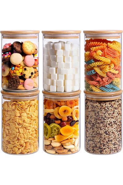 Home Zone Set of 6, 32oz Glass Storage Containers with Lids for Cookie Pasta Flour Rice Tea Coffee Bean
