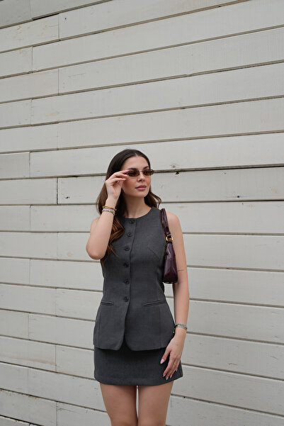 QUREKLİ Women's Anthracite Vest Skirt Suit