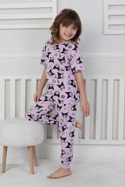 depobukids Kuromi Name Cummerbunds 100% Cotton Short Sleeve Long Bottom Children's Pajamas Set (3-8 Years)