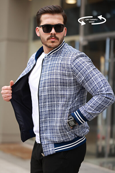 ixir Çift Taraflı Ekose Desenli Mevsimlik Erkek Mont Mavi