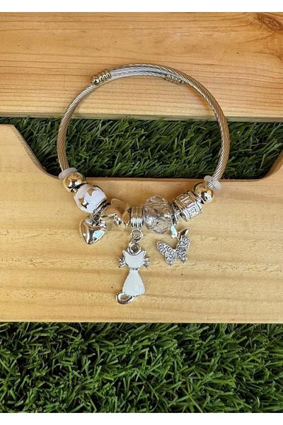 stainless steell Cat Butterfly and Heart Patterned Silver Bracelet - Steel Color
