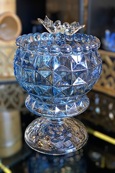 LEMİ DEKORASYON Kuş Detaylı Mavi Cam Şekerlik-dondurma Kasesi