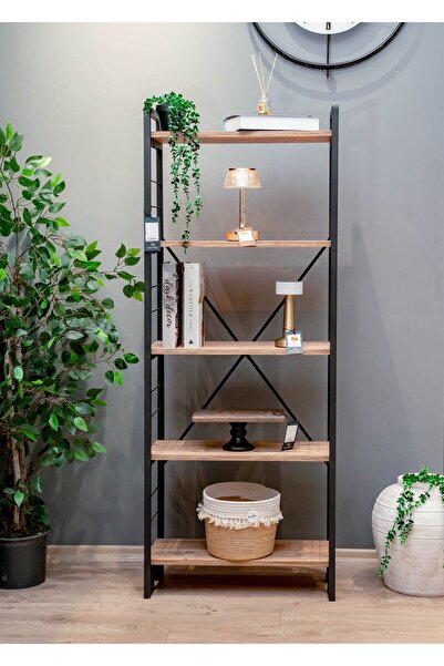 TOPRAK E-TİCARET Metal Ahşap Raflı Kitaplık Çok Amaçlı Raf Kolay Kurulum 5 Ra...