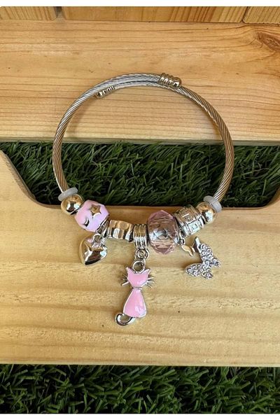 stainless steell Cat and Butterfly Patterned Silver Steel Bracelet - Heart Figure