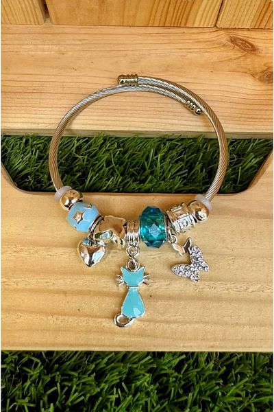 stainless steell Cat Butterfly and Heart Patterned Silver Bracelet - Steel Color