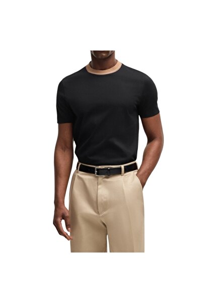 BOSS Erkek Yumuşak Pamuklu Dar Kesim Yuvarlak Yaka Kısa Kollu Siyah-Bej T-Shi...