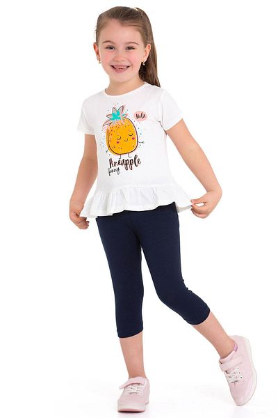 zepkids Crew Neck Short Sleeve Pineapple Printed Ecru Color Girls Tights Set